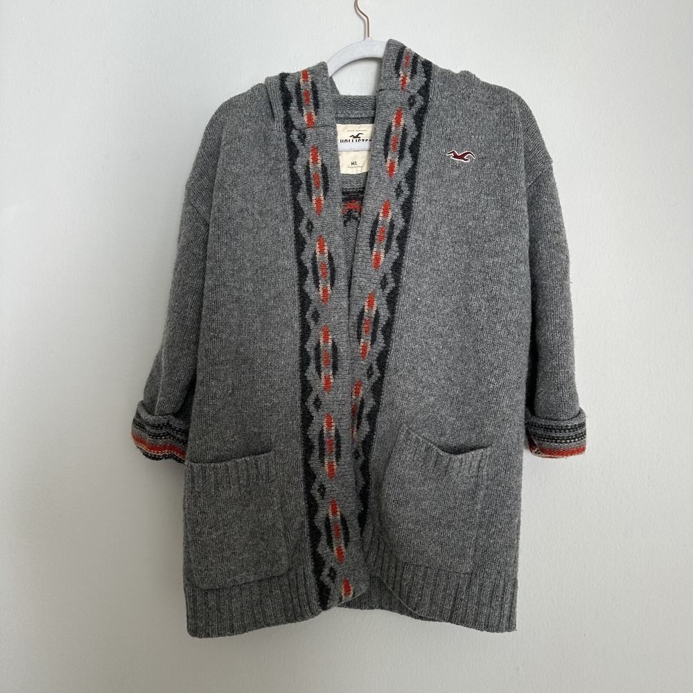 Hollister Lamb Wool California Bear Long Open Cardigan Sweater M/L Hooded Aztec